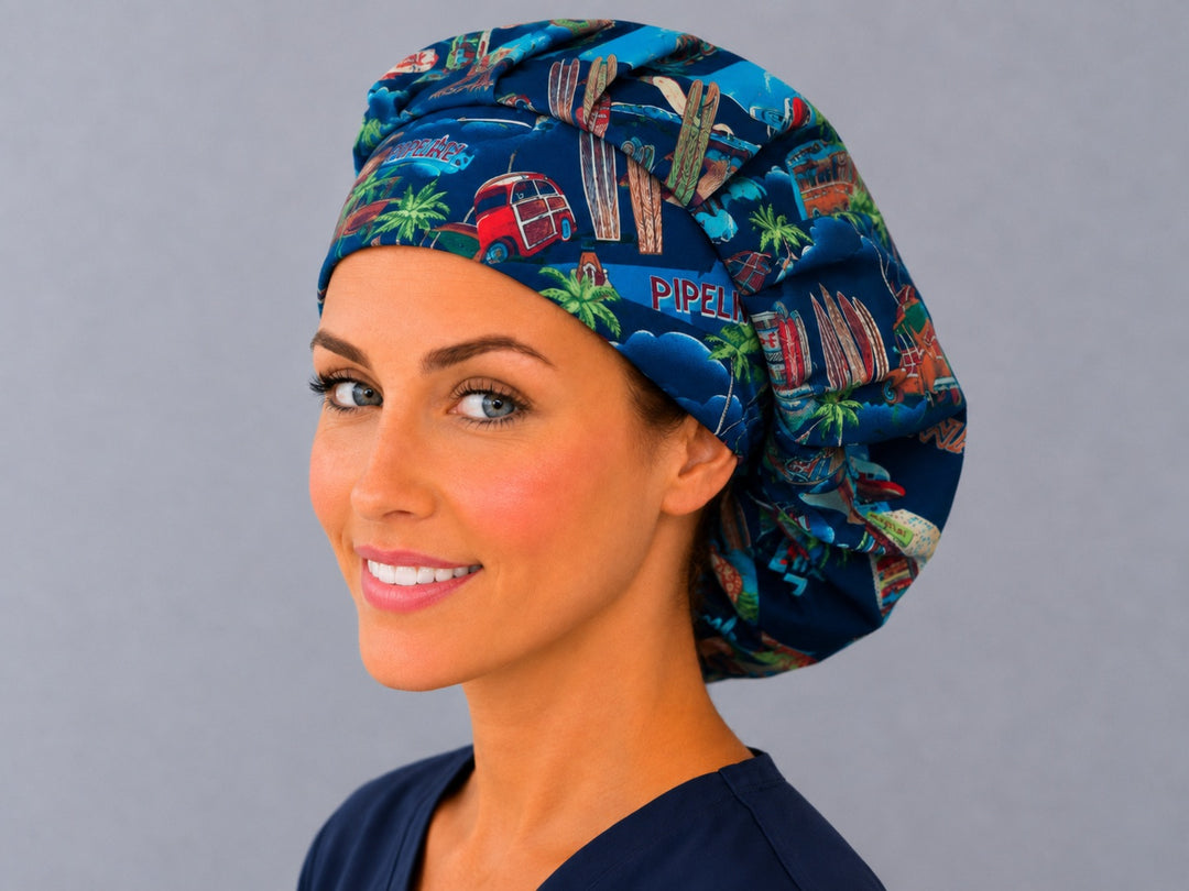 Hawaii Pipeline and surfboard bouffant surgical cap, side view — tropical navy print bouffant hat for surgical techs and vet techs