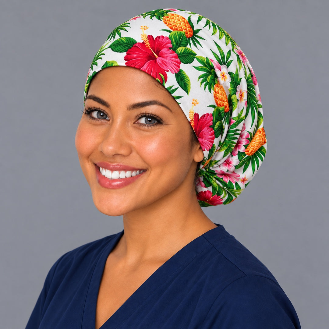 Hawaiian floral Euro surgical cap, left angled view — elastic adjustable back that secures long or thick hair