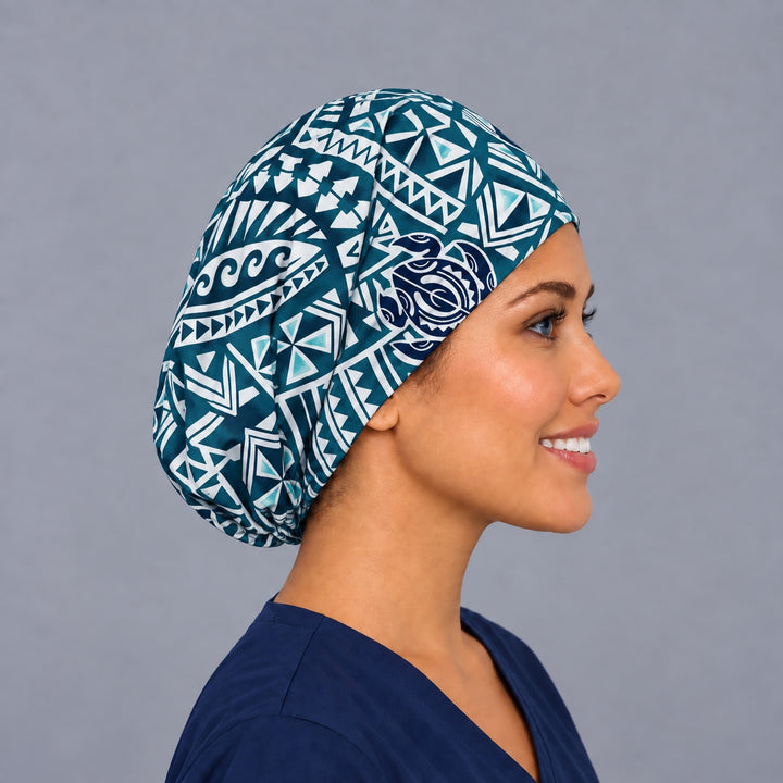 Right side profile of the Hawaiian honu turtle Euro surgical hat — tribal spiral print, breathable cotton cap for nurses