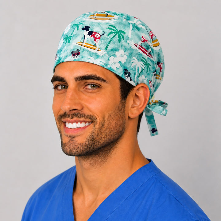 Hawaiian ocean waves dog scrub cap side view — palm trees and hibiscus flowers, satin-lined option, breathable summer surgical cap