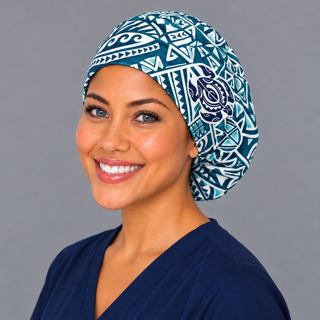 Hawaiian reef Euro surgical cap, left angled view — elastic adjustable back that secures long or thick hair