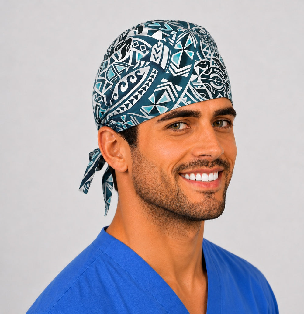 Back view of the Hawaiian sea turtle Honu tie-back scrub cap showing the large tribal turtle motif and bow tie closure