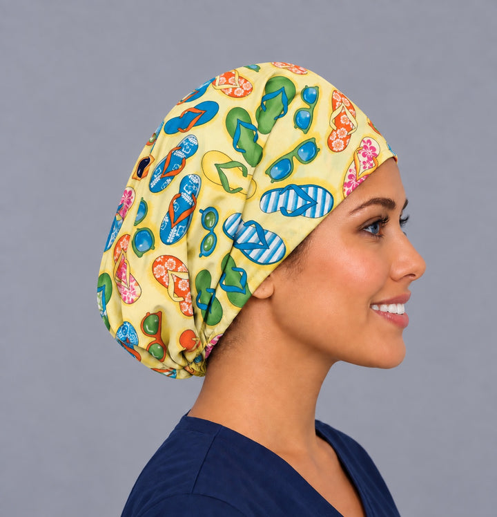 Hawaiian Soles Euro cap, left side profile — handmade yellow beach print surgical cap, USA made