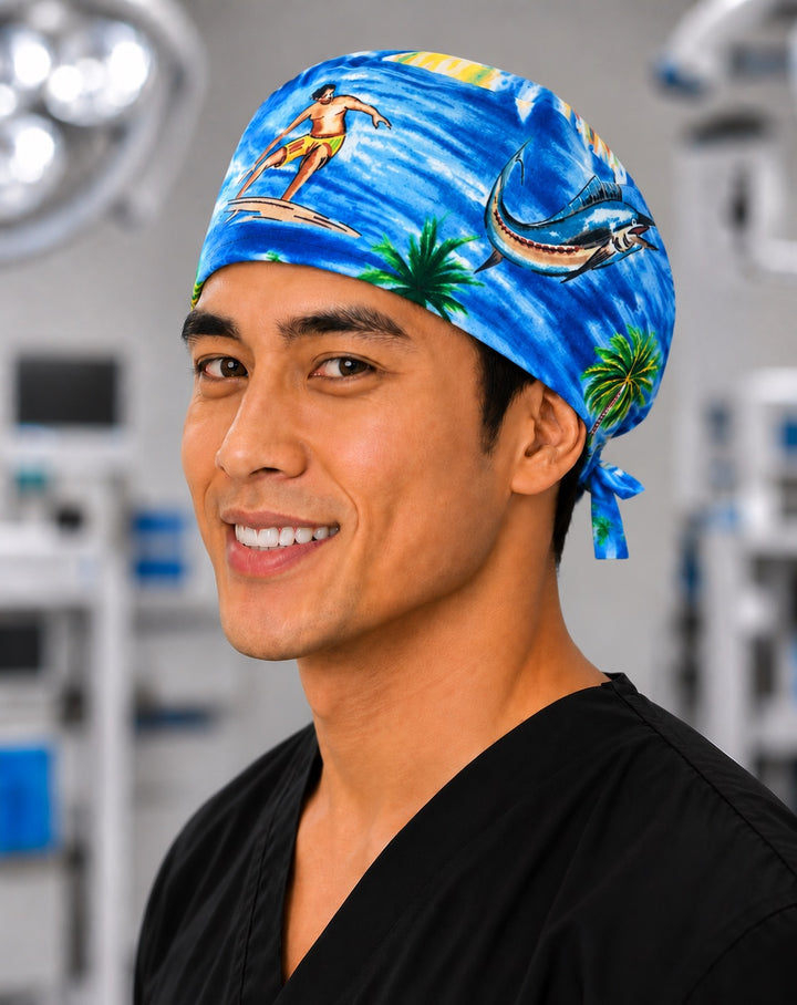 Hawaiian surfer scrub cap with ocean wave, surfer, marlin and palm trees, handmade men&