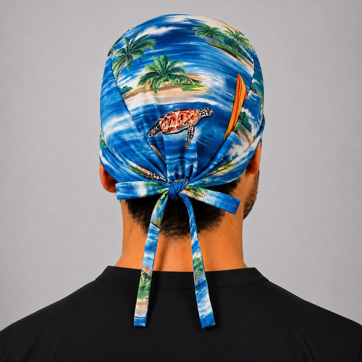 Back view of adjustable tie-back knot on Hawaiian surfer sea turtle ocean scrub cap surgical hat for men