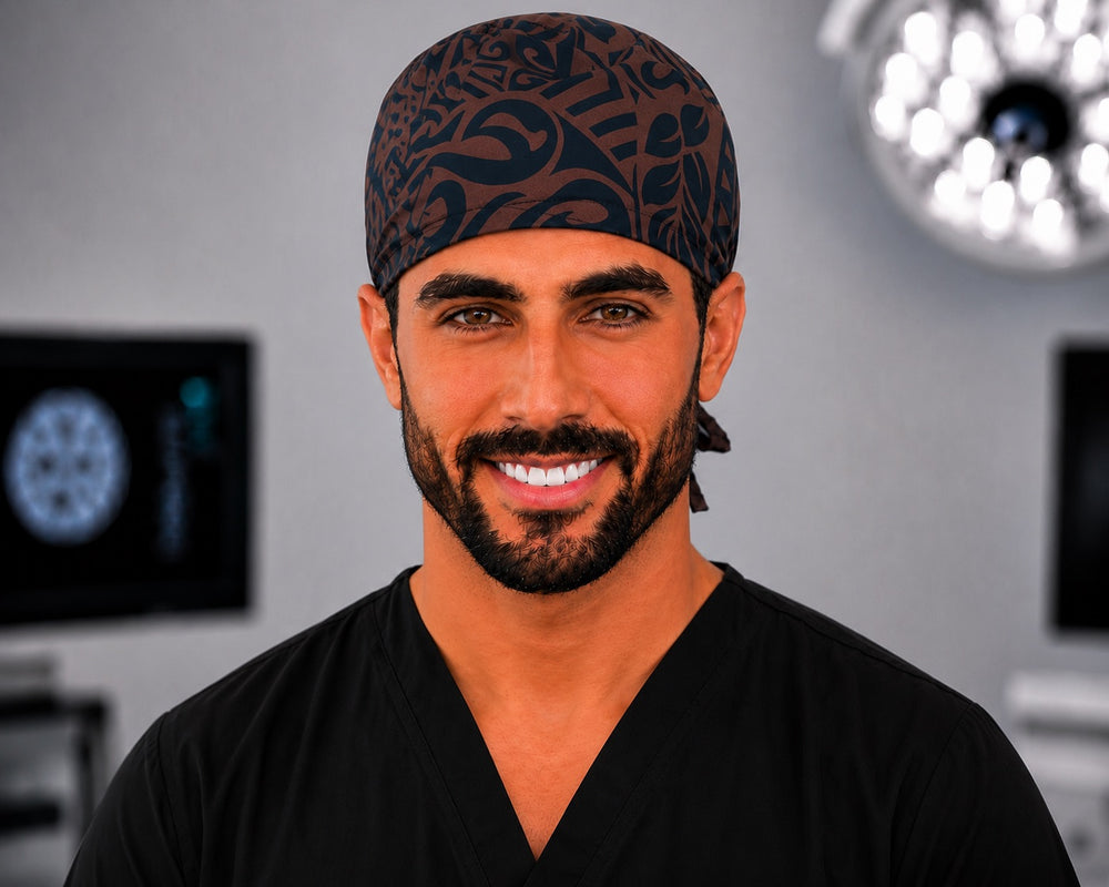 Male nurse wearing Hawaiian tribal Polynesian scrub cap for men and women, brown black surgical hat, front view