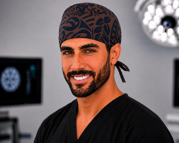 Man in Hawaiian tropical tribal scrub cap, unisex brown black Polynesian surgical hat, straight front view
