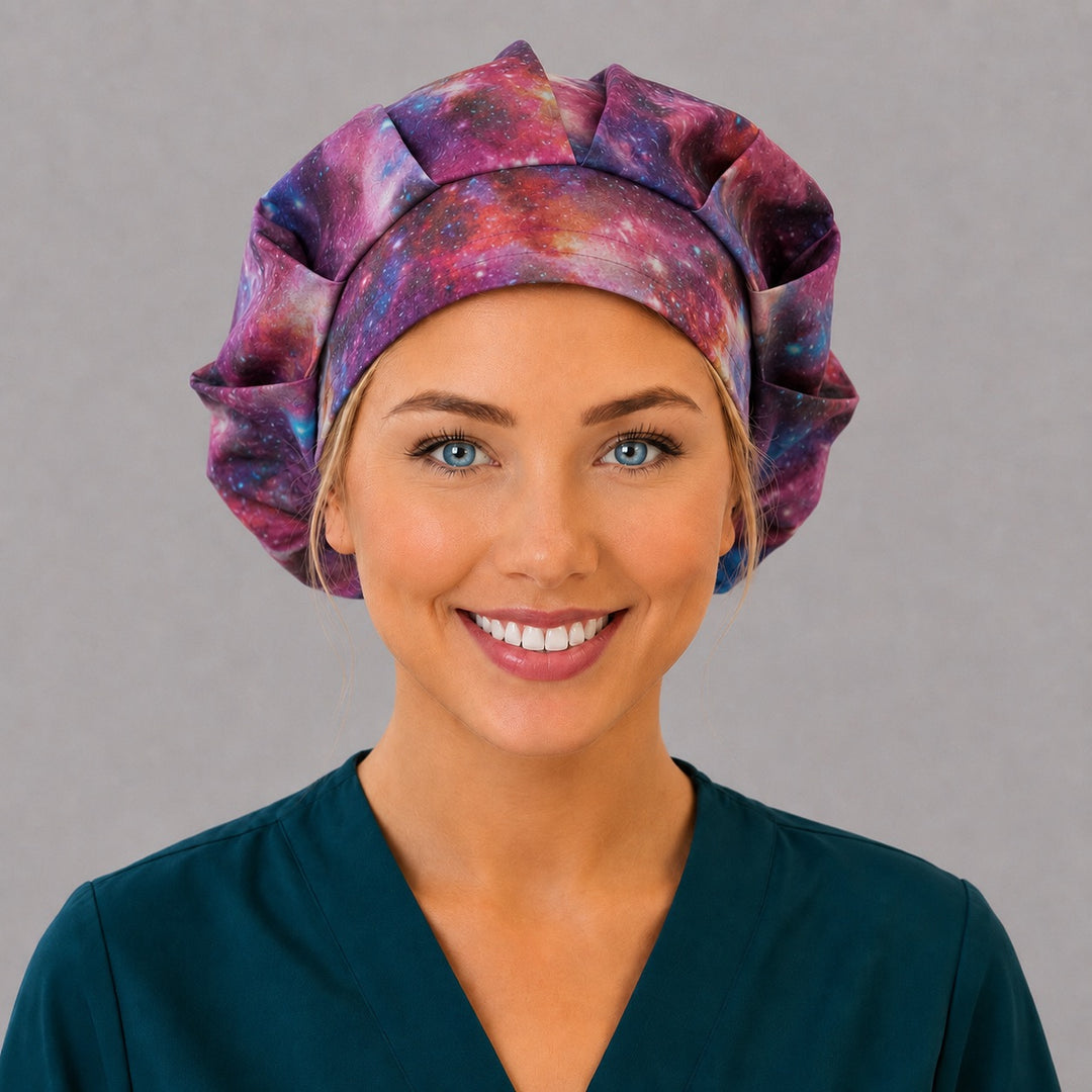 Healing Horizons galaxy bouffant scrub cap for women, front view, purple and magenta nebula star print, handmade surgical hat by OR World