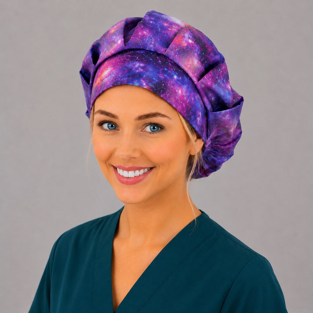 Healing Horizons galaxy bouffant scrub cap left side profile showing purple and blue nebula stars, women's celestial surgical hat OR World