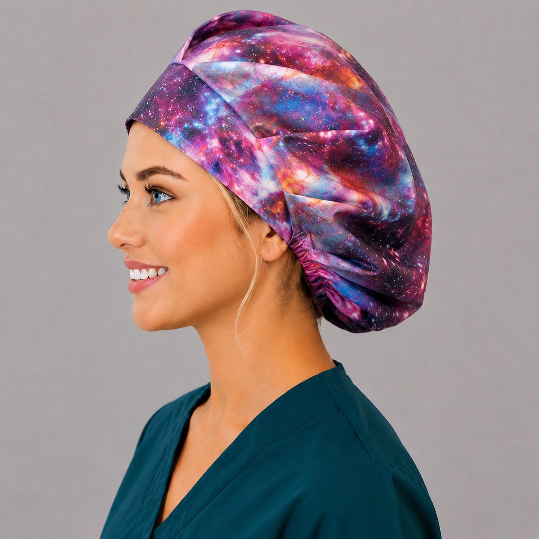Healing Horizons galaxy bouffant scrub cap right side profile with orworld.net label showing purple and blue nebula stars, OR World surgical hat