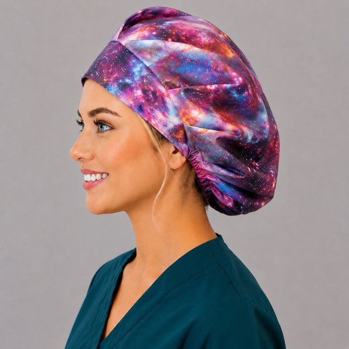 Healing Horizons galaxy bouffant scrub cap right side profile with orworld.net label showing purple and blue nebula stars, OR World surgical hat