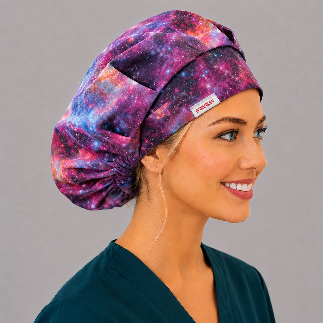 Healing Horizons galaxy bouffant surgical cap right three-quarter angle on smiling model showing purple nebula and stars, OR World celestial nurse hat