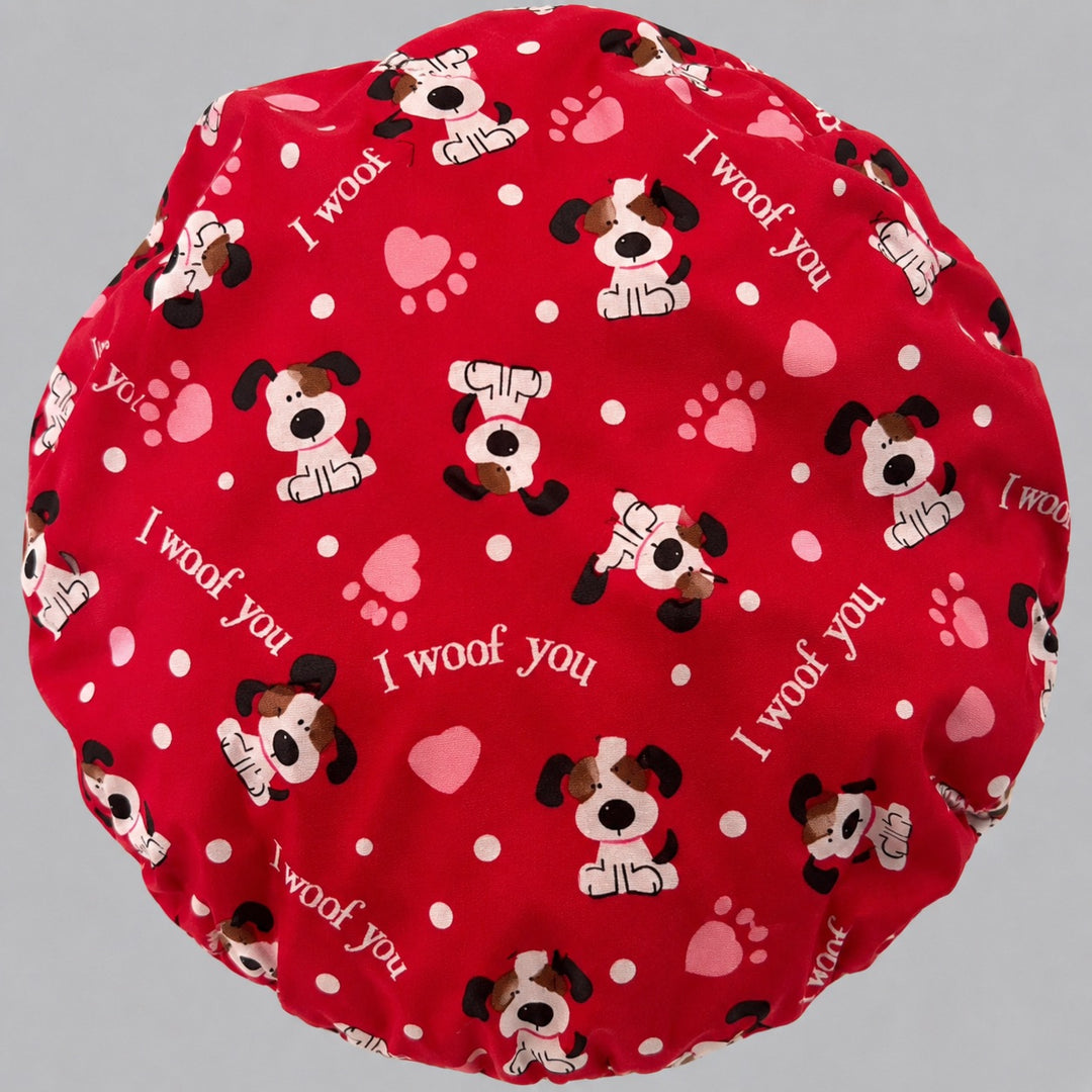Heart-band dog bouffant cap for women, opposite side profile — I Woof You puppy print, handmade cotton surgical cap, USA made