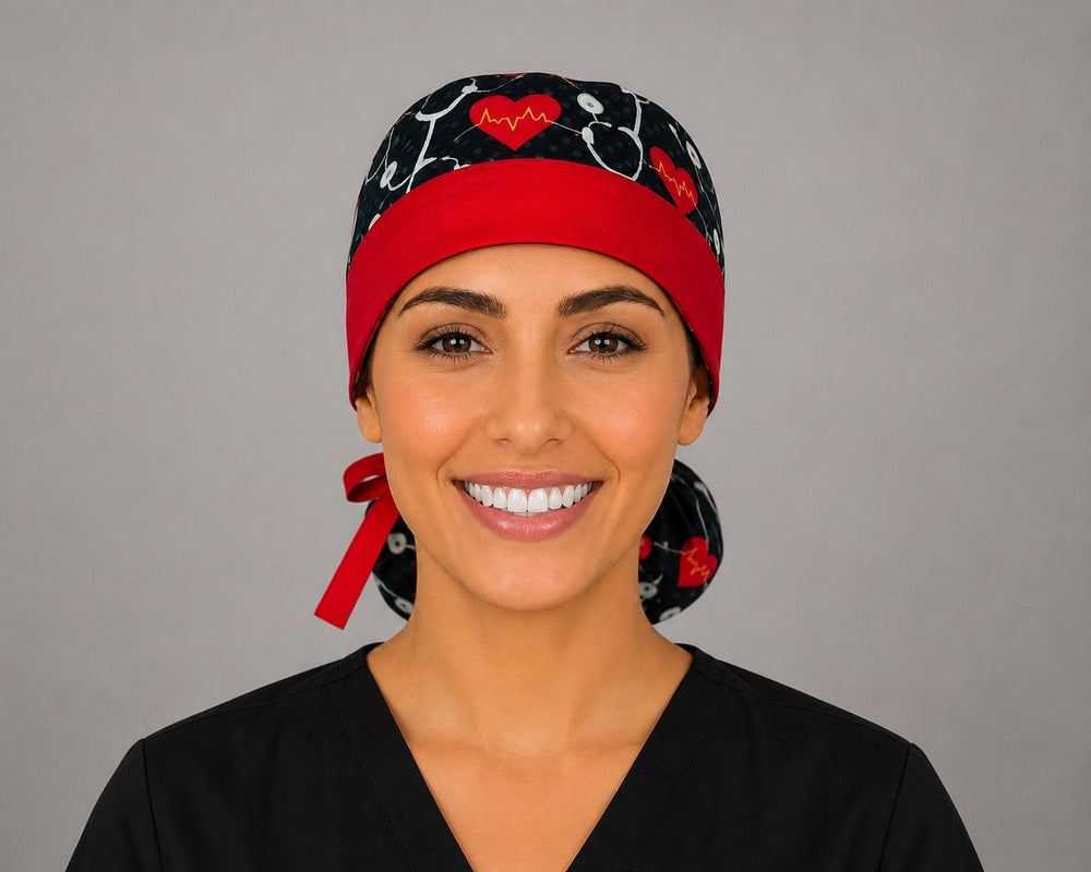 Woman wearing heartbeat EKG cardiology ponytail scrub cap, front view smiling with red hearts, gold EKG lines and stethoscopes on black with red band