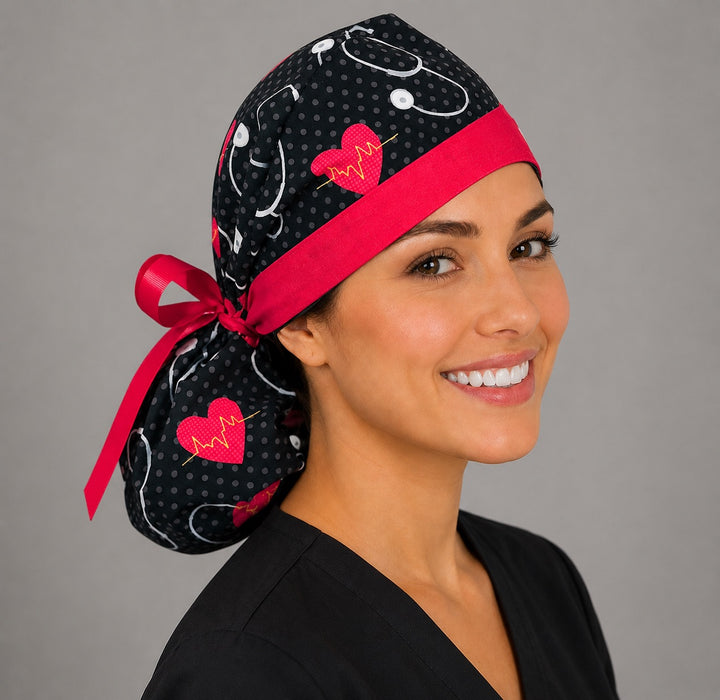 Heartbeat EKG cardiology ponytail nurse cap left three-quarter angle on smiling model showing red hearts, gold EKG lines and stethoscopes on black with red band