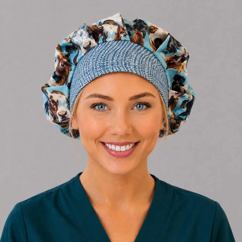 Highland cow and farm animals bouffant scrub cap for women, front view, shaggy Highland cows and dairy cows on sky blue with blue-dot band, handmade surgical hat by OR World