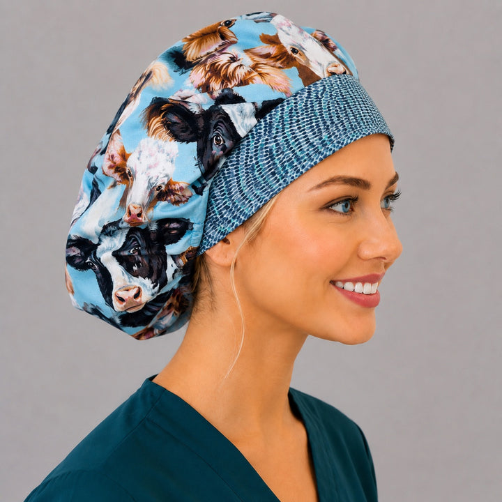 Highland cow farm animals bouffant surgical cap right side profile showing Highland cows and dairy cows on sky blue with blue-dot band, OR World vet nurse hat