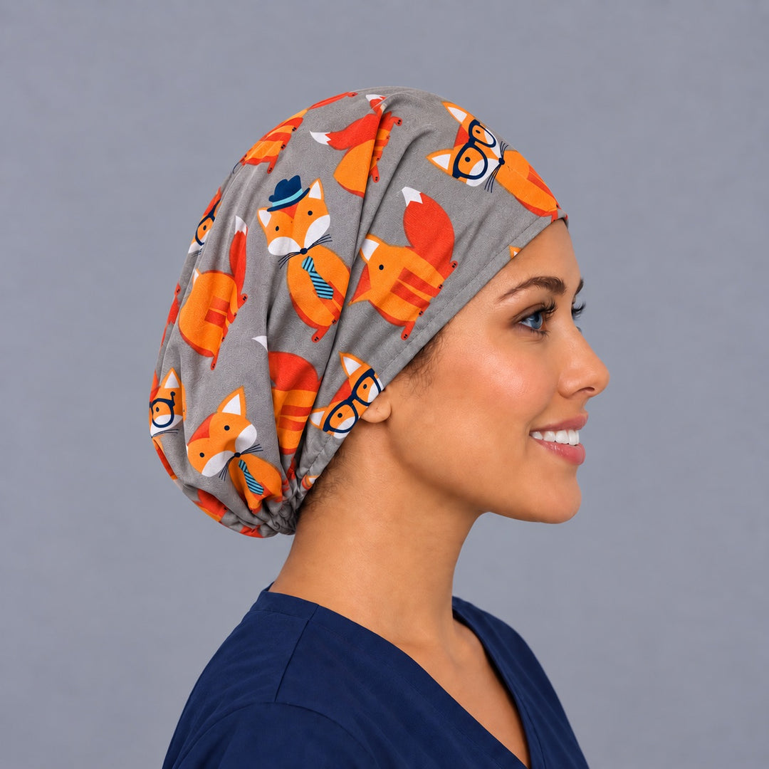 Right side profile of the hipster fox Euro surgical hat — foxes in round glasses and fedoras, breathable cotton cap for nurses
