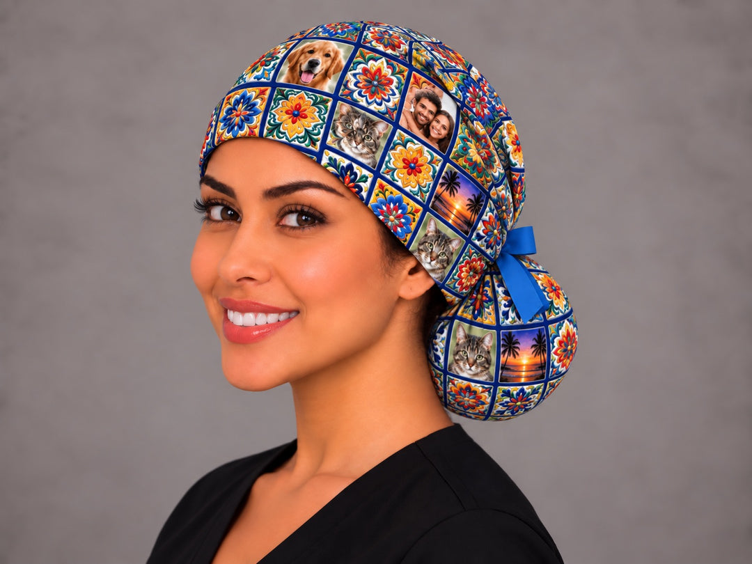 Left three-quarter angle of a smiling healthcare worker in a Hispanic heritage custom ponytail cap, with golden retriever and couple photo tiles along the side band