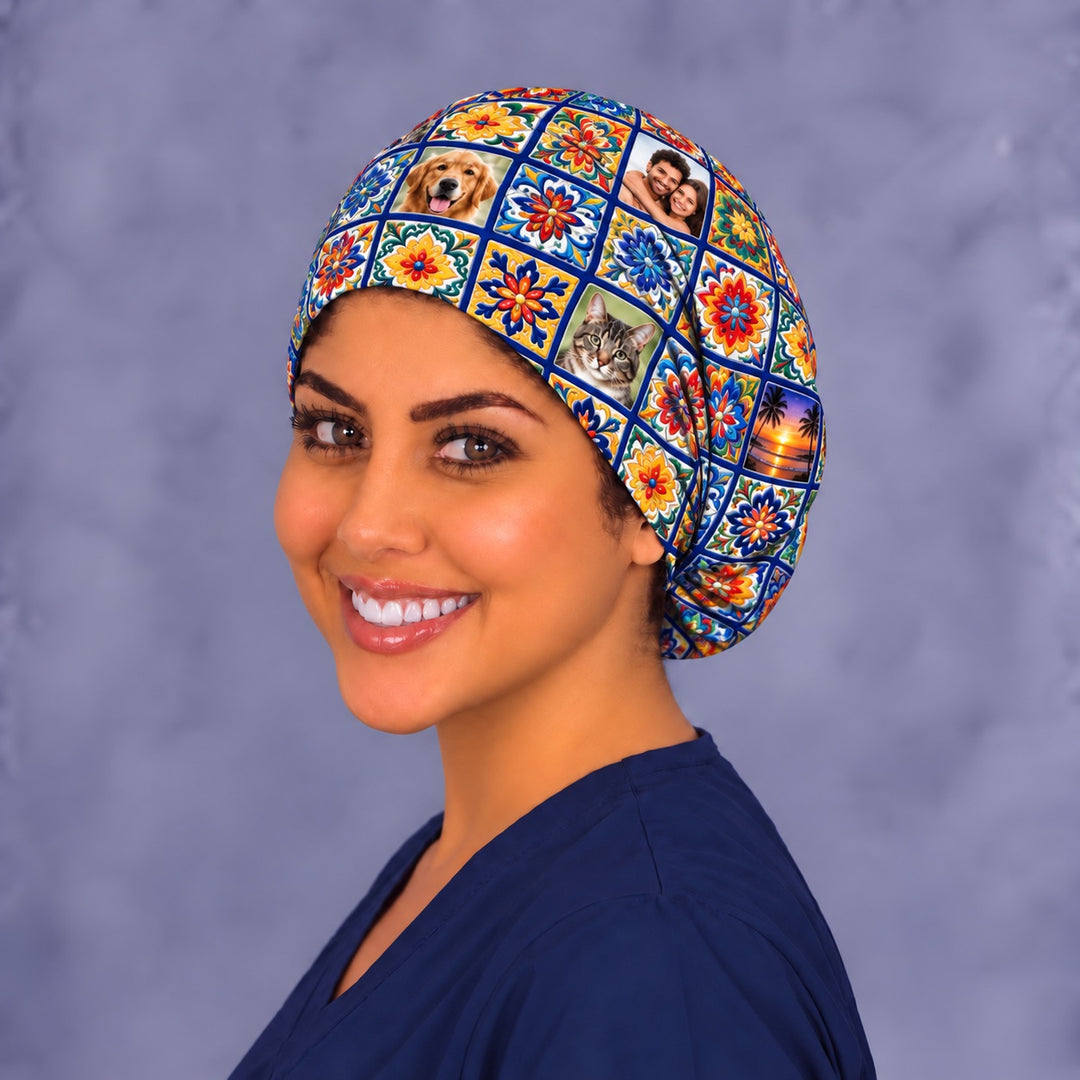 Left three-quarter angle of a smiling healthcare worker in a Hispanic heritage custom scrub hat, with a couple photo tile and sunset tile on the upper side panel