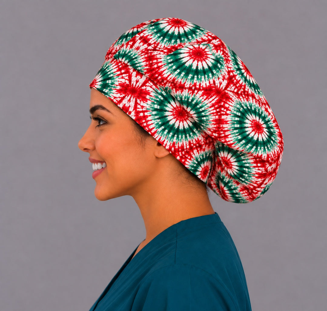 Left profile of the holiday bouffant scrub cap showing the roomy crown for thick, curly or long hair