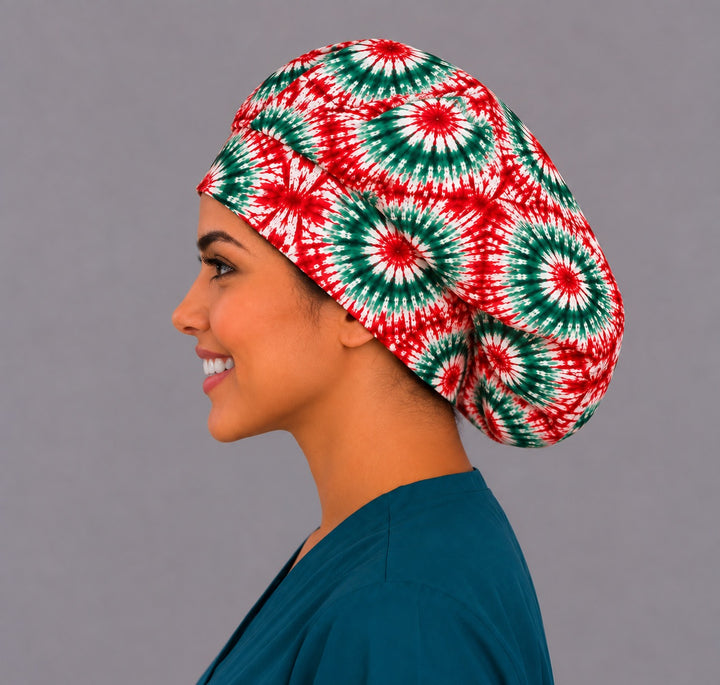 Left profile of the holiday bouffant scrub cap showing the roomy crown for thick, curly or long hair