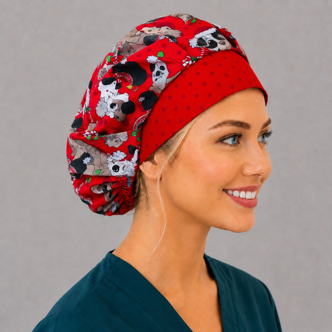 Holiday dog bouffant cap for women, left side profile — handmade Christmas puppy surgical cap, USA made