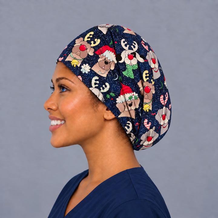 Holiday dog Euro cap, left side profile — handmade navy Christmas puppy surgical cap, USA made