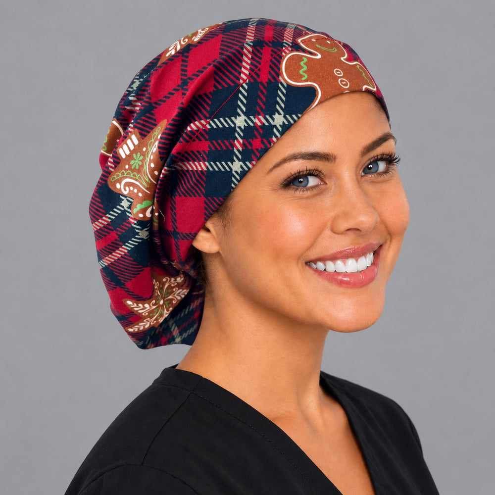 Holiday gingerbread Euro surgical cap, left angled view — elastic adjustable back that secures long or thick hair