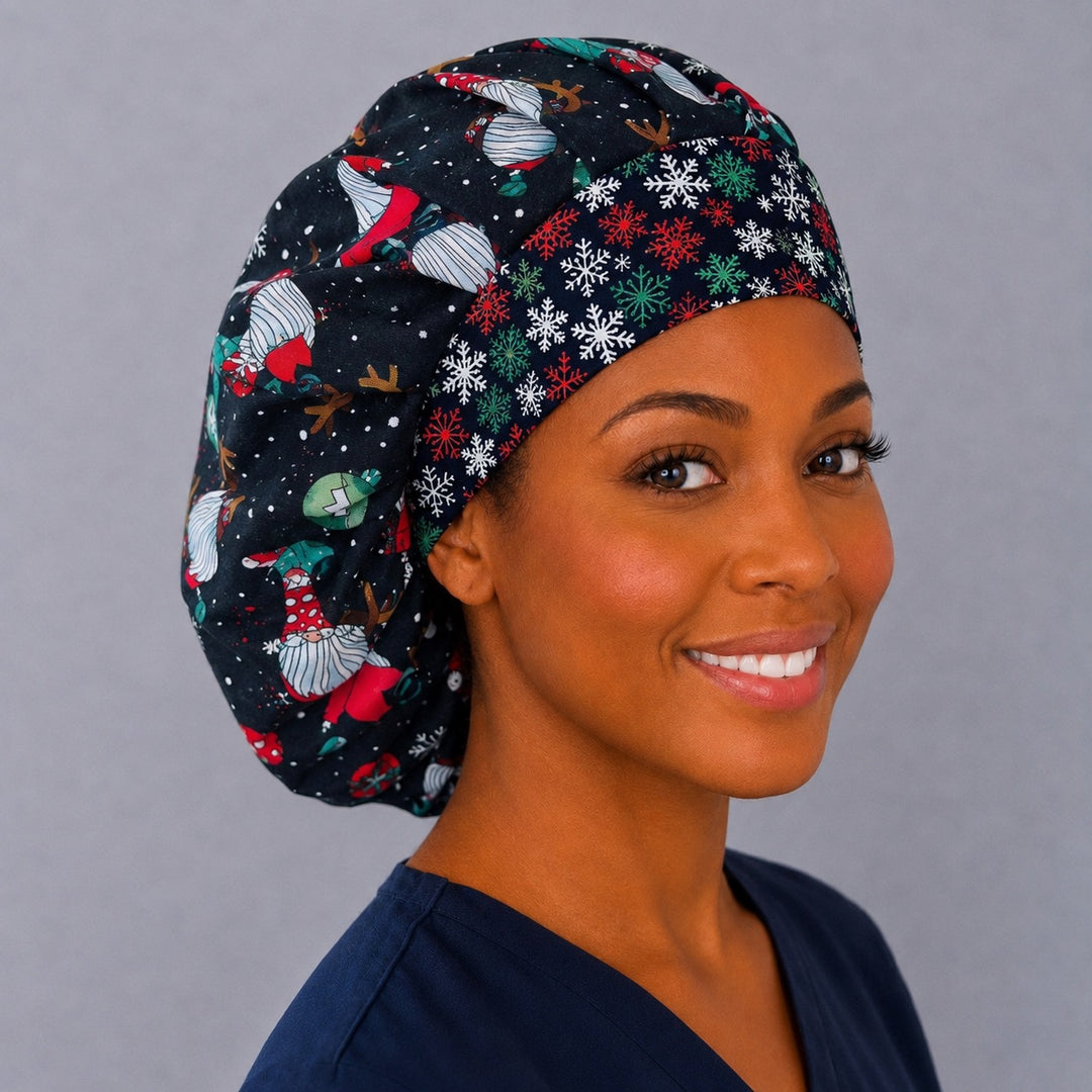 Holiday gnome bouffant cap for women, three-quarter smiling view — handmade Christmas surgical cap, USA made