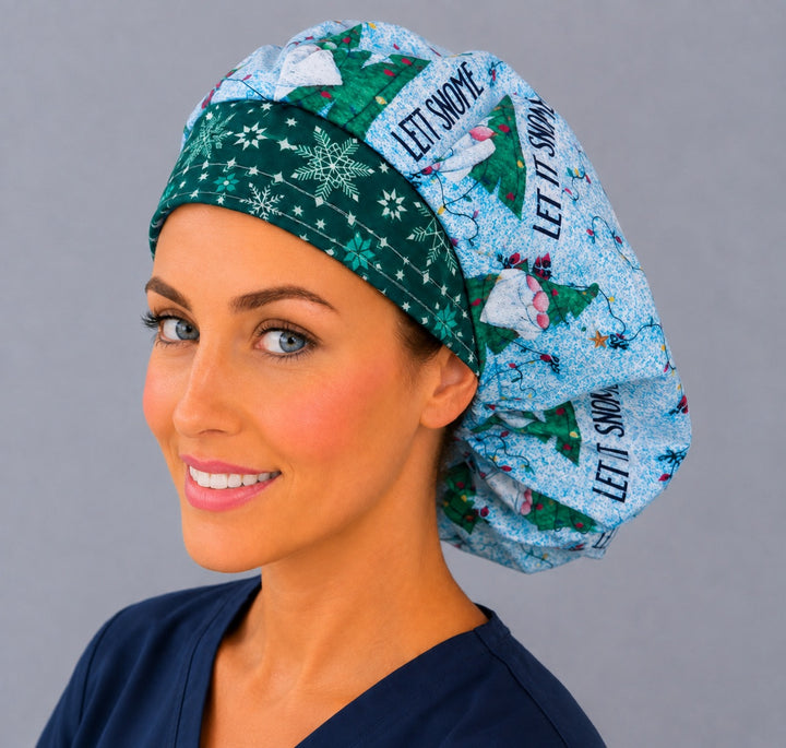 Holiday gnome and Christmas tree bouffant surgical cap, left angled view — deep gathered fit that secures long thick or braided hair