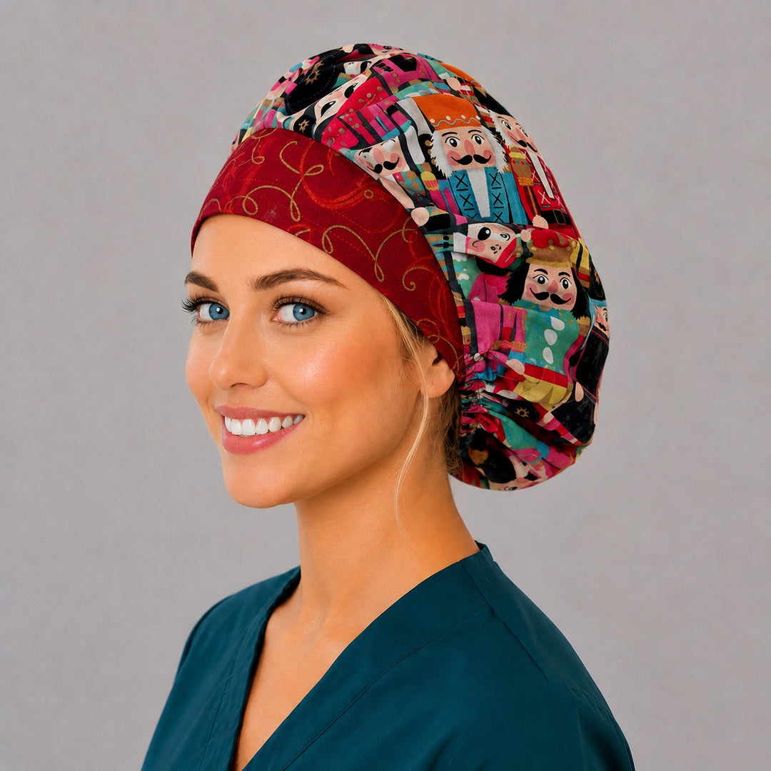 Holiday nutcracker bouffant cap for women, left angled smiling view — handmade festive surgical cap, USA made