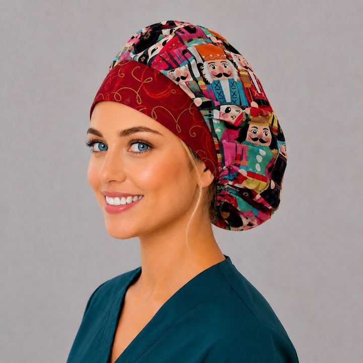 Holiday nutcracker bouffant cap for women, left angled smiling view — handmade festive surgical cap, USA made