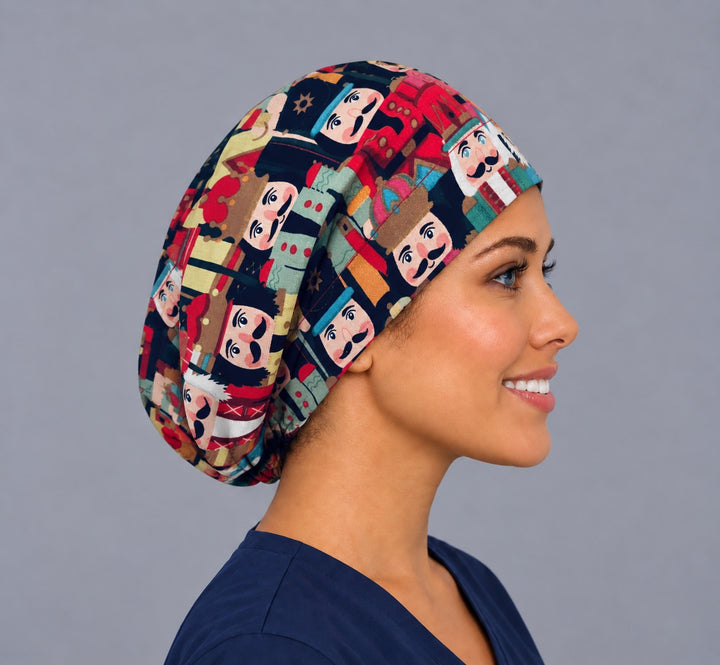 Holiday nutcracker Euro cap, left side profile — navy Christmas print, breathable cotton cap for OR nurses