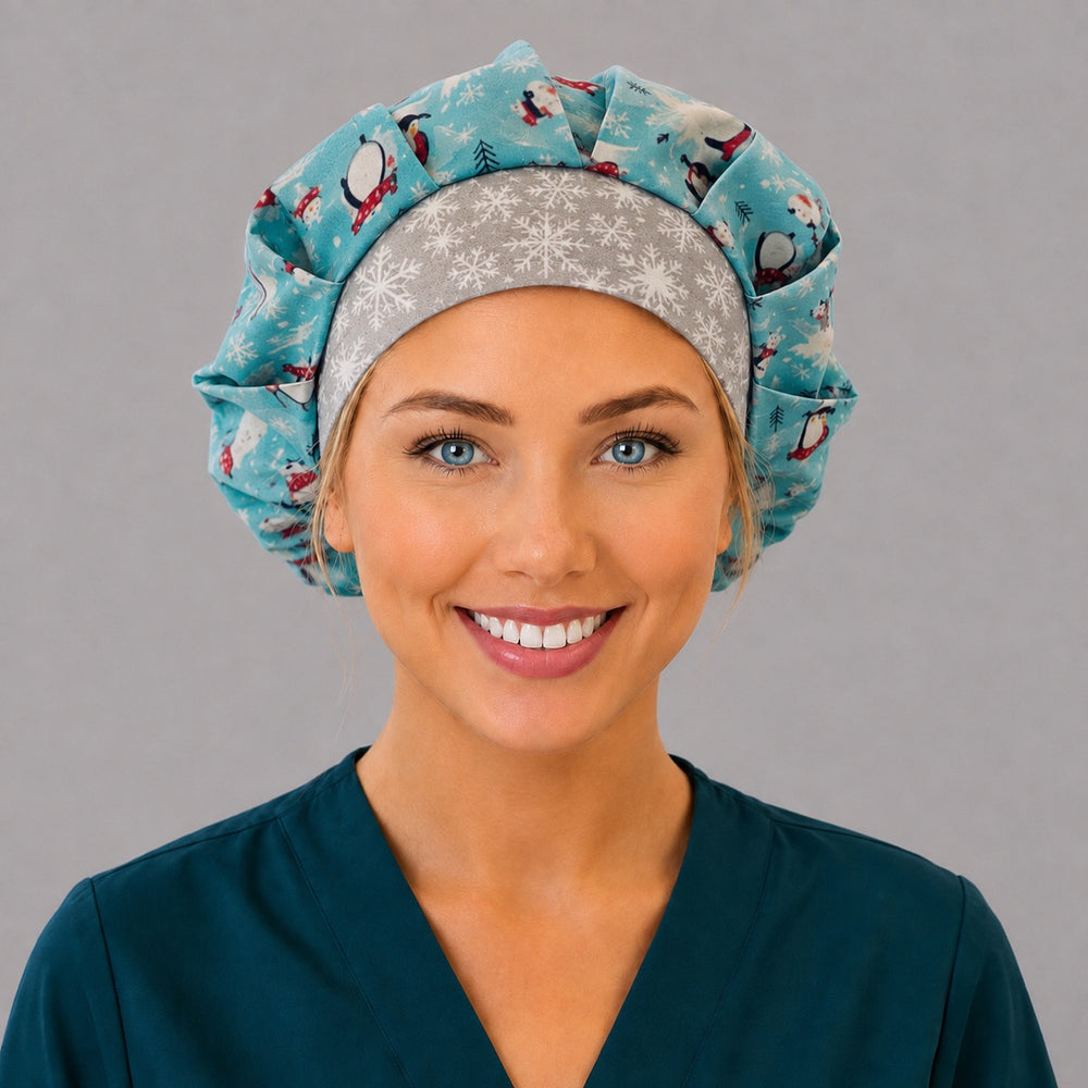 Holiday penguin bouffant cap for women, right side profile — handmade winter surgical cap with roomy elastic back, USA made