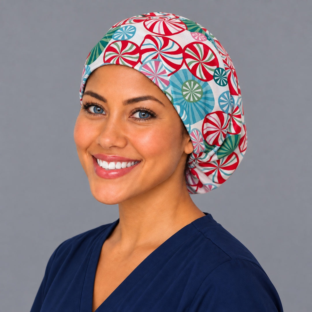 Holiday peppermint Euro surgical cap, left angled view — elastic adjustable back that secures long or thick hair