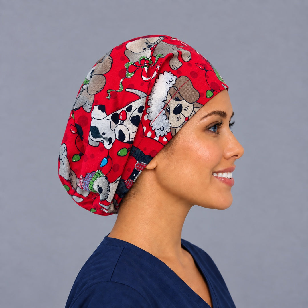 Right side profile of the holiday puppy Euro surgical hat — Dalmatian and candy cane print, breathable cotton cap for vet techs