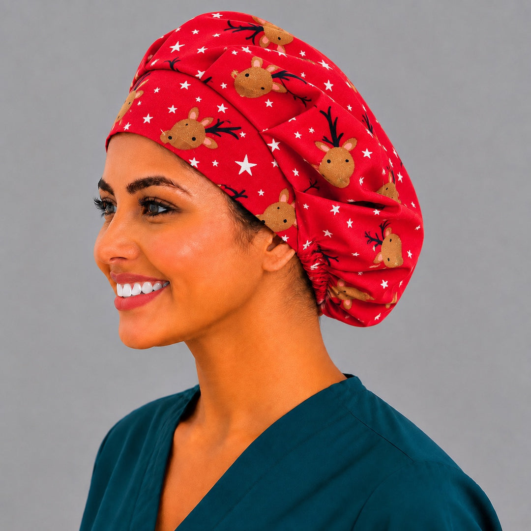 Holiday reindeer bouffant scrub cap, opposite side profile — roomy elastic-back Christmas cap that secures long thick hair
