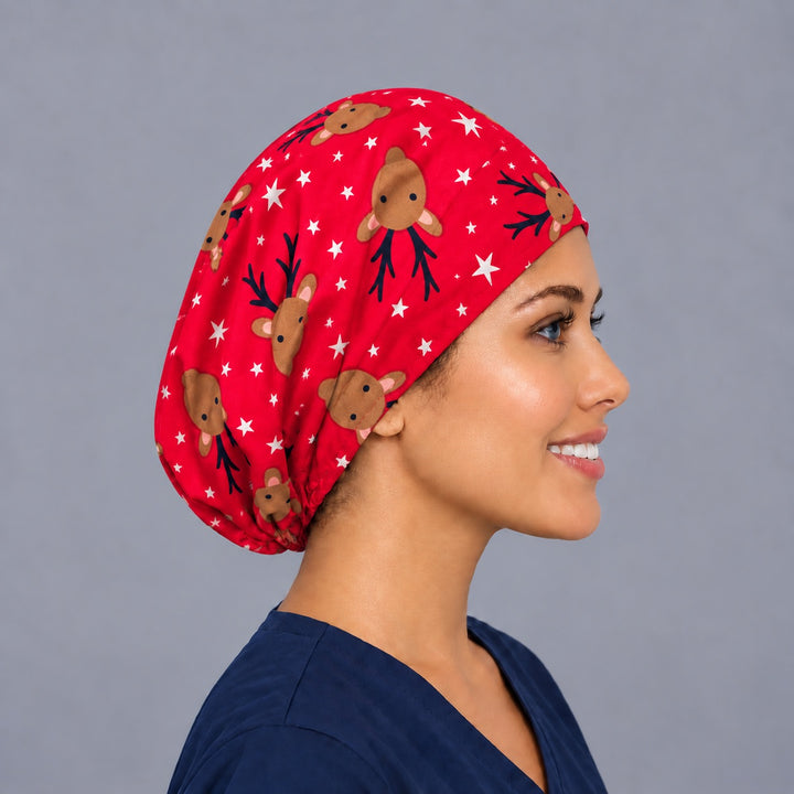 Right side profile of the holiday reindeer Euro surgical hat — navy antler and star print, breathable cotton cap for nurses
