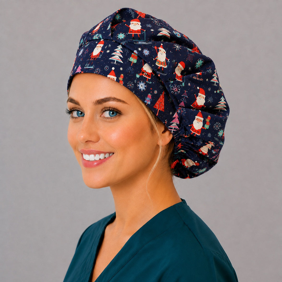 Holiday Santa bouffant surgical cap for long hair, left angled view — deep gathered fit that secures thick or braided hair