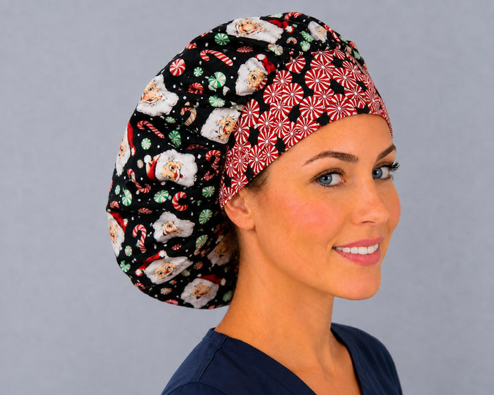 Holiday Santa bouffant surgical cap for long hair, right angled view — deep gathered fit that secures thick or braided hair