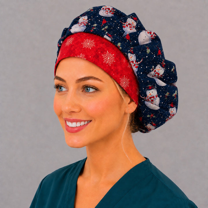 Holiday snowman bouffant surgical cap for long hair, left side profile — deep gathered black fit that secures thick or braided hair