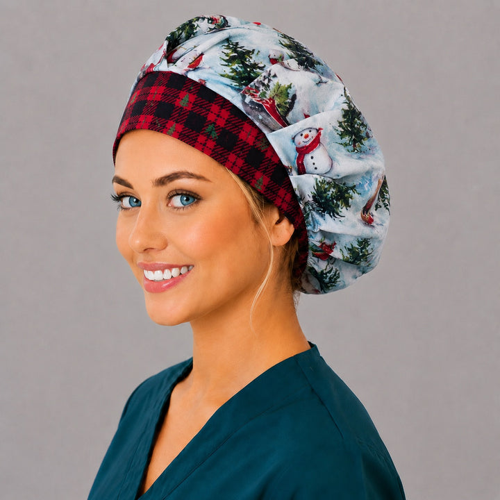 Holiday snowman plaid bouffant surgical cap for women, three-quarter view — winter cardinal print bouffant scrub hat, breathable cotton