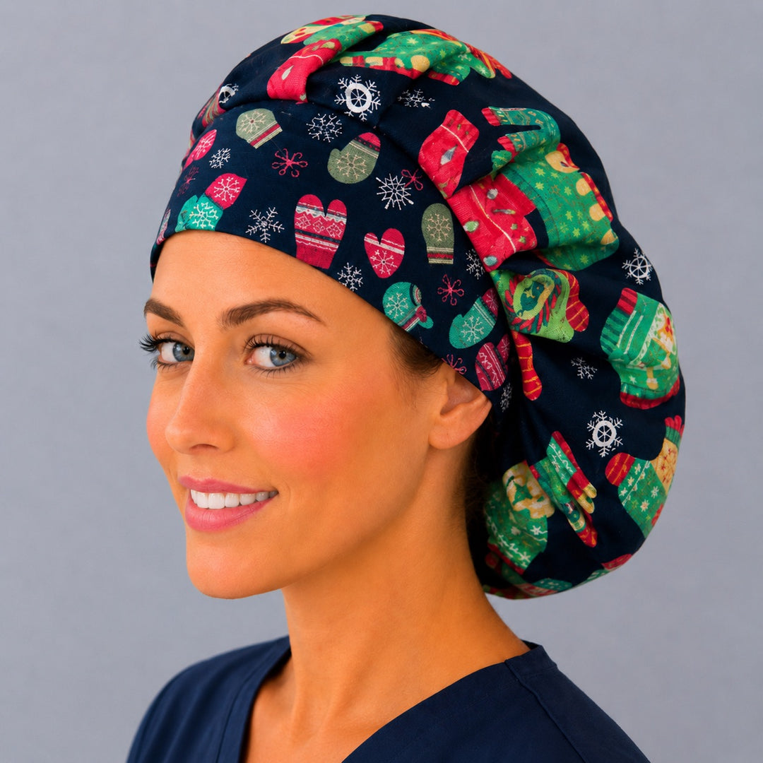 Holiday ugly sweater bouffant scrub cap, left angled smiling view — reindeer and wreath knits on navy for OR nurses and surgical techs