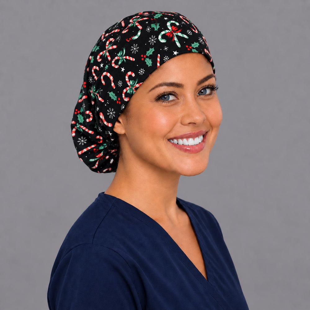 Holly and candy cane Euro cap, right side profile — red and green bow print, breathable cotton cap for nurses