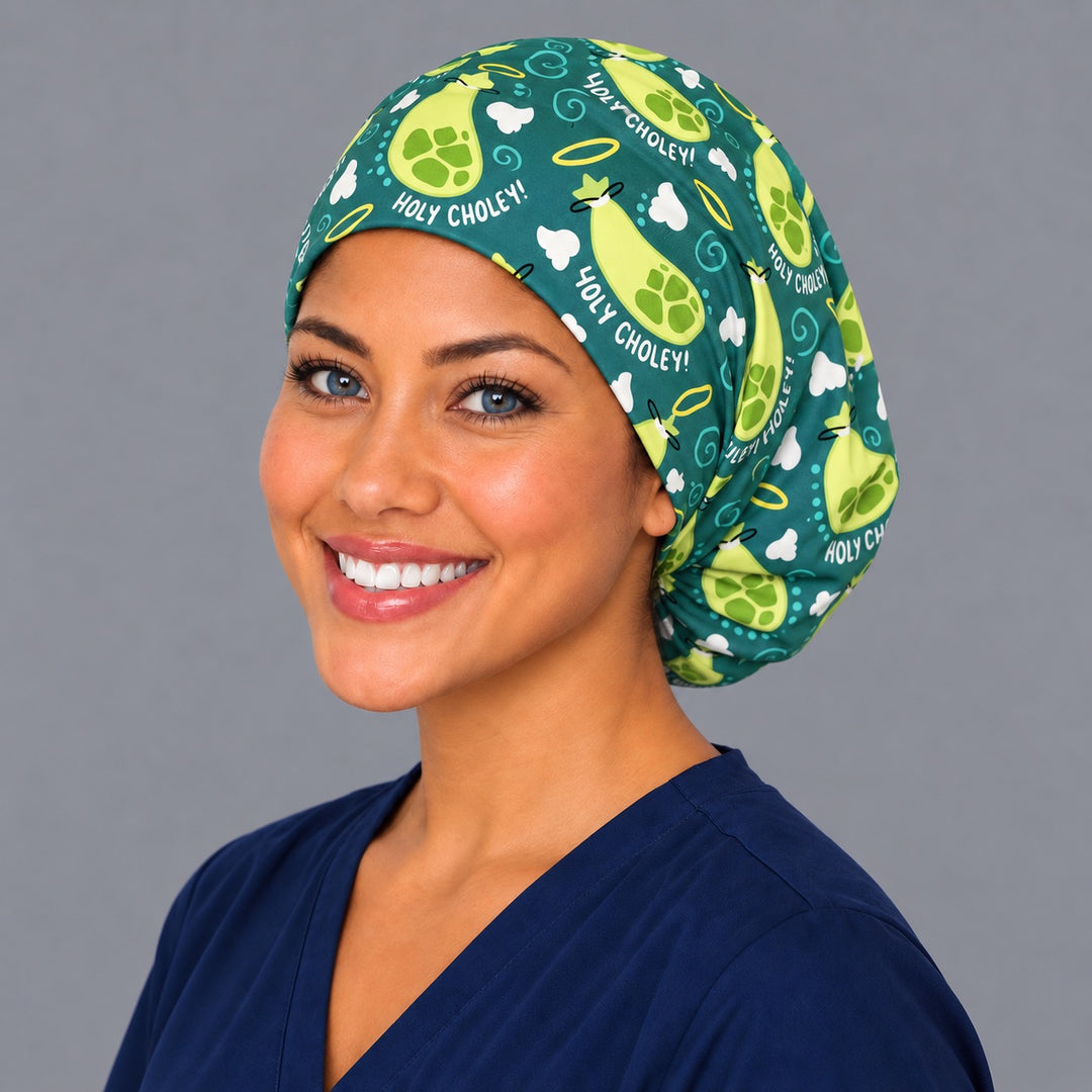 Holy Choley Euro cap, left side profile — handmade GI medical humor surgical cap, USA made
