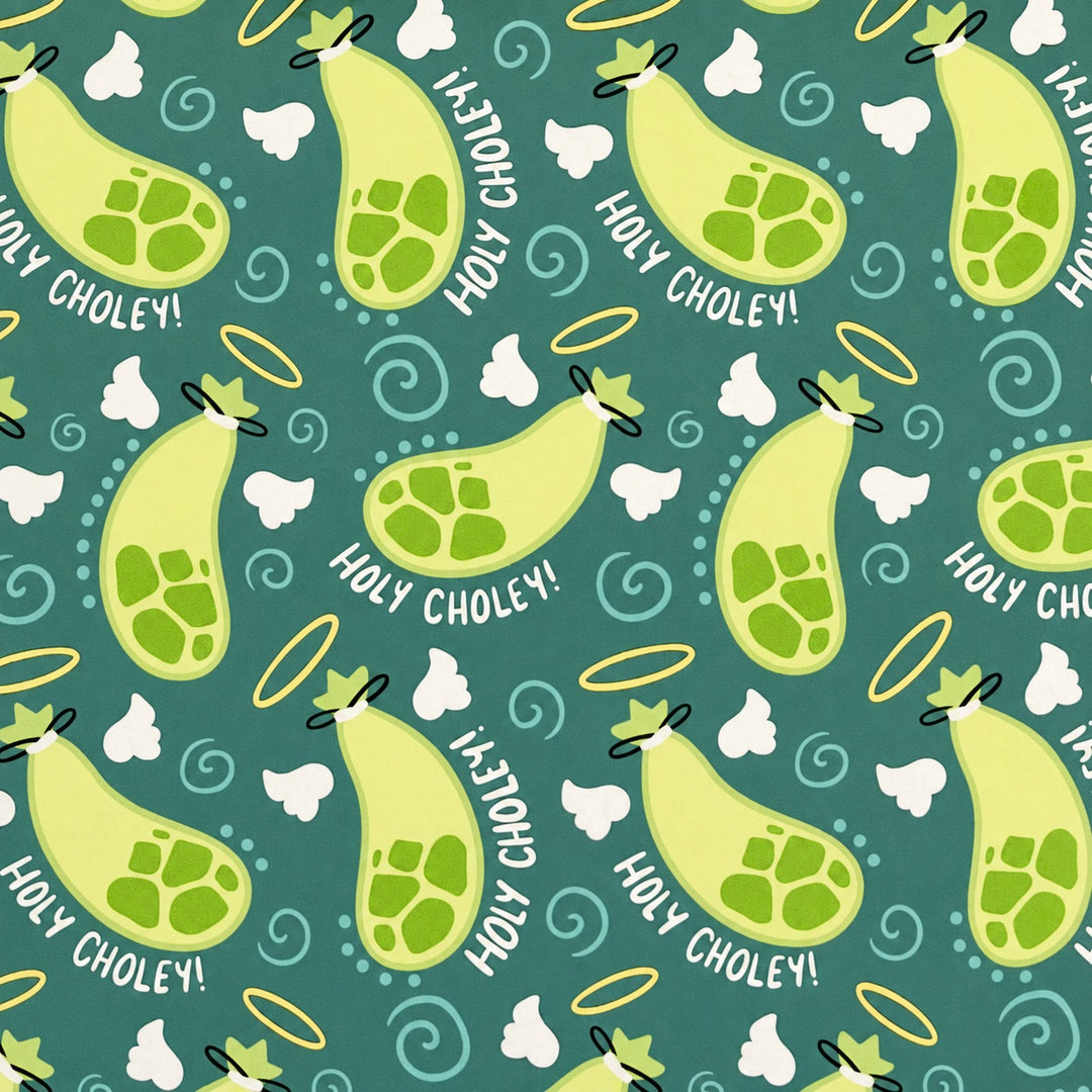 Holy Choley gallbladder fabric swatch with halos, wings and gallstones, laparoscopy cholangiogram medical humor scrub cap print detail