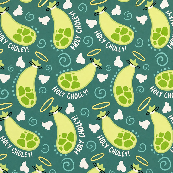 Holy Choley gallbladder fabric swatch with halos, wings and gallstones, laparoscopy cholangiogram medical humor scrub cap print detail