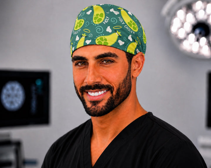 Holy Choley gallbladder scrub cap with halos and wings, handmade men&