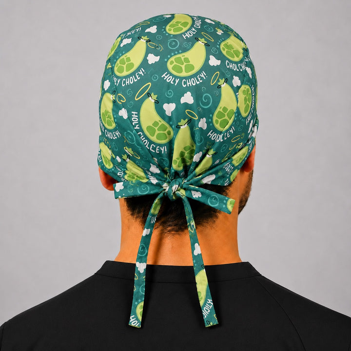Back view of adjustable tie-back knot on Holy Choley gallbladder cholecystectomy scrub cap surgical hat for general surgeons